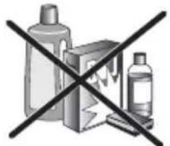 Black and white crossed-out warning symbol with icons of a bottle, a box, and a warning sign over a lightning bolt.