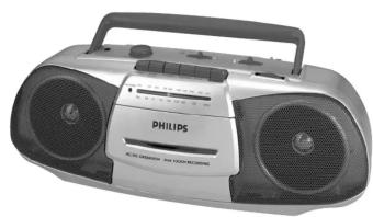 Black and silver photo of a Philips 3000 portable radio with two speakers (no visible text or symbols on the device body)