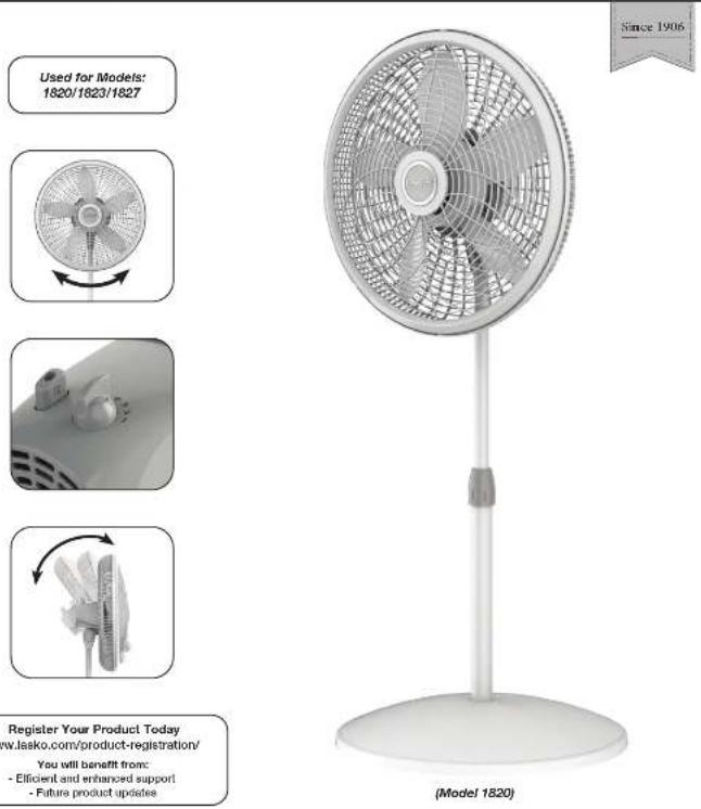 Lasko 1827 - 18" Adjustable Pedestal Fan Instruction Manual - 1