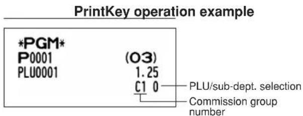 PrintKey operation example *PGM* P0001 (03) PLU0001 1.25 C1 0 PLU/sub-dept. selection Commission group number