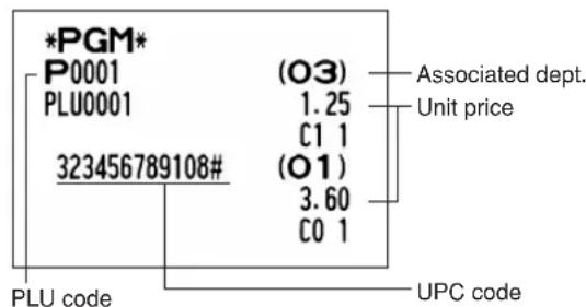 *PGM* P0001 PLU0001 323456789108# (03) 1.25 C1 1 (O1) 3.60 C0 1 PLU code (03) Unit price Associated dept. UPC code