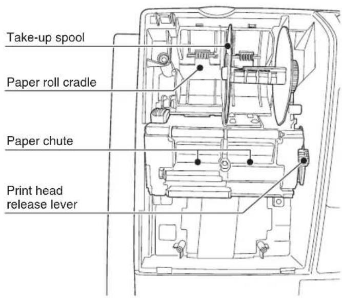 Take-up spool Paper roll cradle Paper chute Print head release lever