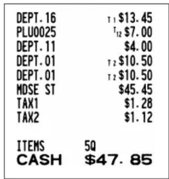 DEPT. 16 T 1 $13.45 PLU0025 T 12 $7.00 DEPT. 11 $4.00 DEPT. 01 T 2 $10.50 DEPT. 01 T 2 $10.50 MDSE ST $45.45 TAX1 $1.28 TAX2 $1.12 ITEMS 5Q CASH $47.85