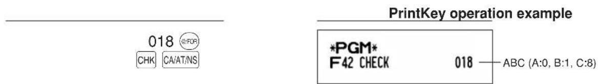 PrintKey operation example *PGM* F42 CHECK 018 ABC (A:0, B:1, C:8) 018 ©FOR CHK CA/AT/NS