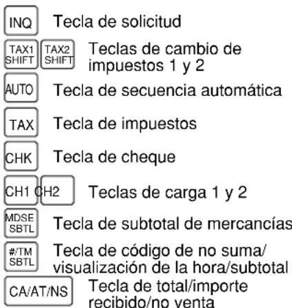 INQ Tecla de solicitud TAX1 TAX2 Teclas de cambio de SHIFT SHIFT impuestos 1 y 2 AUTO Tecla de secuencia automática TAX Tecla de impuestos CHK Tecla de cheque CH1 CH2 Teclas de carga 1 y 2 MDSE SBTL Tecla de subtotal de mercancías #/TM SBTL Tecla de código de no suma/ visualización de la hora/subtotal CA/AT/NS Tecla de total/importe recibido/no venta