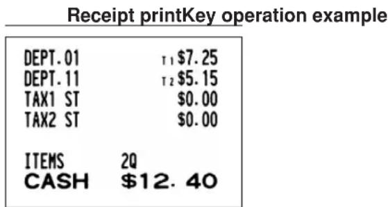 Receipt printKey operation example DEPT.01 T1 $7.25 DEPT.11 T2 $5.15 TAX1 ST $0.00 TAX2 ST $0.00 ITEMS 2Q CASH $12.40