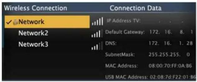 Wireless Connection Network Network2 Network3 IP Address TV: Default Gateway: 172. 16. 8. 1 DNS: 172. 16. 1. 28 SubnetMask: 255.255.255. 0 MAC Address: 08:00:70:FF:0A:B6 USB MAC Address: 02:08:7d:F22:01:B6