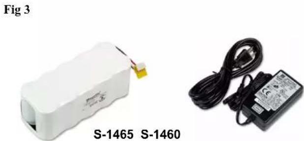 Two electronic devices: a white battery labeled S-1465 and a black-and-white power adapter labeled S-1460, shown without any text or symbols on the devices themselves.