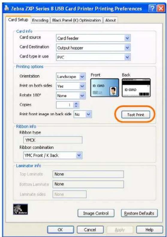 Zebra ZXP Series 8 USB Card Printer Printing Preferences Card Setup Encoding Black Panel (K) Optimization About Card info Card source Card feeder Card Destination Output hopper Card type in use P/C Printing options Orientation Landscape Front Back Print on both sides Yes ID GRND Rotate 180° None Birdion Copies 1 ID GRND Print front image on back side No Test Print Ribbon info Ribbon type YMCK Ribbon combination YMC Front / K Back Laminator info Top Laminate None Bottom Laminate None Laminate sides None Image Control Restore Defaults OK Cancel Apply Help