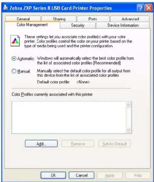 Zebra ZXP Series 8 USB Card Printer Properties General Sharing Ports Advanced Color Management Security Device Information These settings let you associate color profile(s) with your color printer. Color profiles control the color on your printer based on the type of media being used and the printer configuration. Automatic: Windows will automatically select the best color profile from the list of associated color profiles [Recommended] Manual: Manually select the default color profile for all output from this device from the list of associated color profiles Default color profile: Color Profiles currently associated with this printer: Add... Remove Set As Default OK Cancel Apply Help