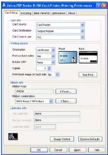Zebra XPD Series 8 USB Card Printer Printing Preferences Card Setup Encoding Black Panel (K) Optimization About Card info Card source Card feeder Card Destination Output hopper Card type in use PVC Printing options Orientation Landscape Front Back Print on both sides Yes Rotate 150* None Copies 1 Print front image on back side No Test Print Ribbon info Ribbon type YMOOk K Front... Ribbon combination YACK Front / YACK Back K Back... Laminator info Foc Laminate None Bustion Laminate None Laminate order None Image Control Erestore Defaults OK Cancel Apply Help