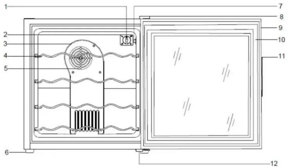 Technical diagram of a heating element with numbered components and internal structure
