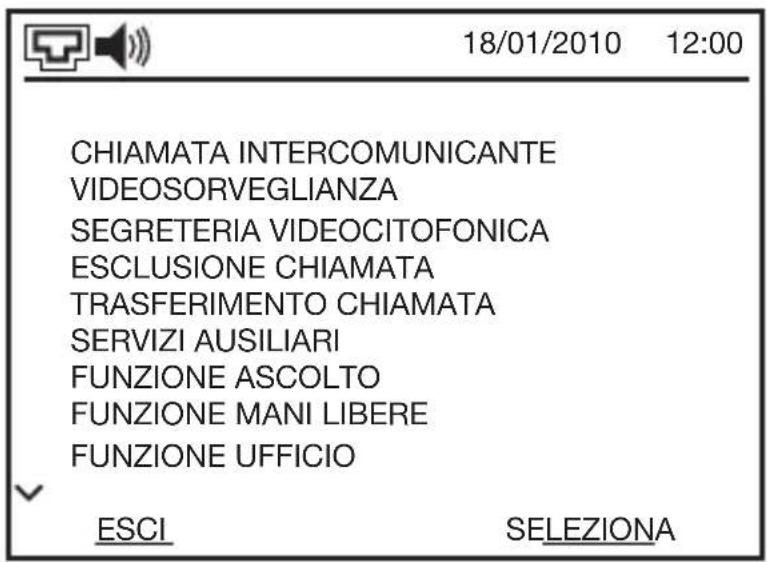 18/01/2010 12:00 CHIAMATA INTERCOMUNICANTE VIDEOSORVEGLIANZA SEGRETERIA VIDEOCITOFONICA ESCLUSIONE CHIAMATA TRASFERIMENTO CHIAMATA SERVIZI AUSILIARI FUNZIONE ASCOLTO FUNZIONE MANI LIBERE FUNZIONE UFFICIO ESCI SELEZIONA