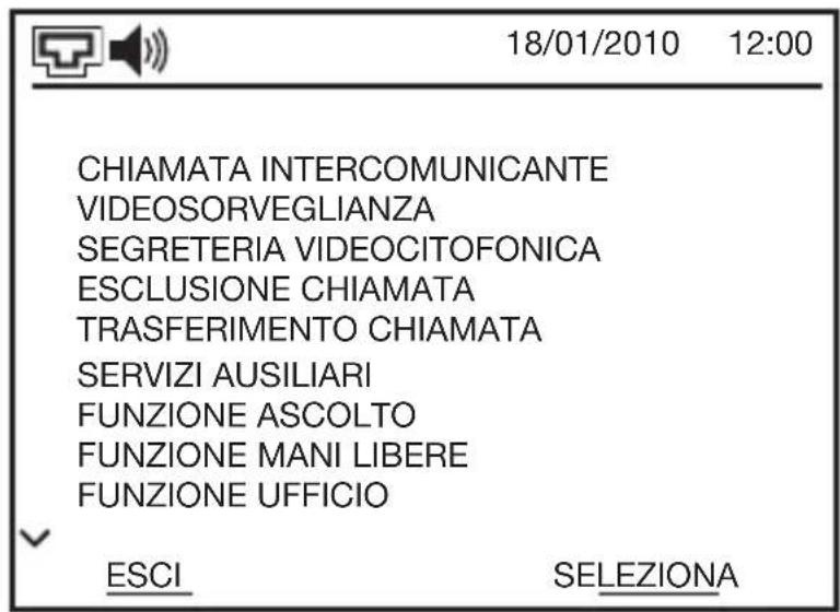 18/01/2010 12:00 CHIAMATA INTERCOMUNICANTE VIDEOSORVEGLIANZA SEGRETERIA VIDEOCITOFONICA ESCLUSIONE CHIAMATA TRASFERIMENTO CHIAMATA SERVIZI AUSILIARI FUNZIONE ASCOLTO FUNZIONE MANI LIBERE FUNZIONE UFFICIO ESCI SELEZIONA