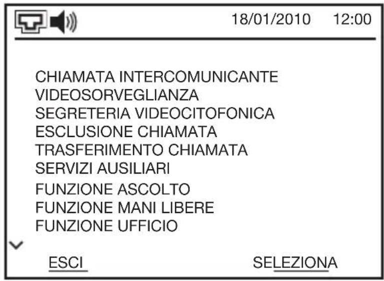 18/01/2010 12:00 CHIAMATA INTERCOMUNICANTE VIDEOSORVEGLIANZA SEGRETERIA VIDEOCITOFONICA ESCLUSIONE CHIAMATA TRASFERIMENTO CHIAMATA SERVIZI AUSILIARI FUNZIONE ASCOLTO FUNZIONE MANI LIBERE FUNZIONE UFFICIO ESCI SELEZIONA