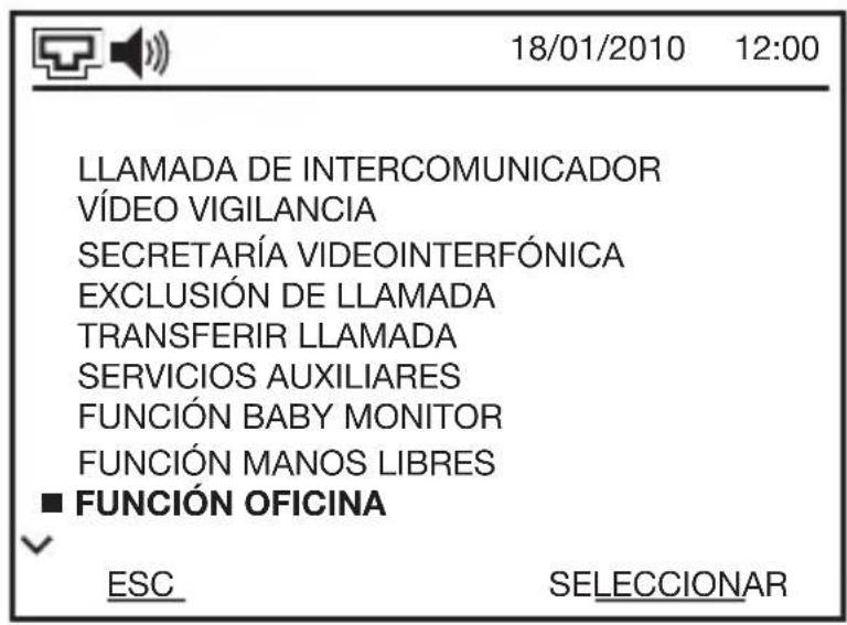 18/01/2010 12:00 LLAMADA DE INTERCOMUNICADOR VÍDEO VIGILANCIA SECRETARÍA VIDEOINTERFÓNICA EXCLUSIÓN DE LLAMADA TRANSFERIR LLAMADA SERVICIOS AUXILIARES FUNCIÓN BABY MONITOR FUNCIÓN MANOS LIBRES ■ FUNCIÓN OFICINA ESC SELECCIONAR