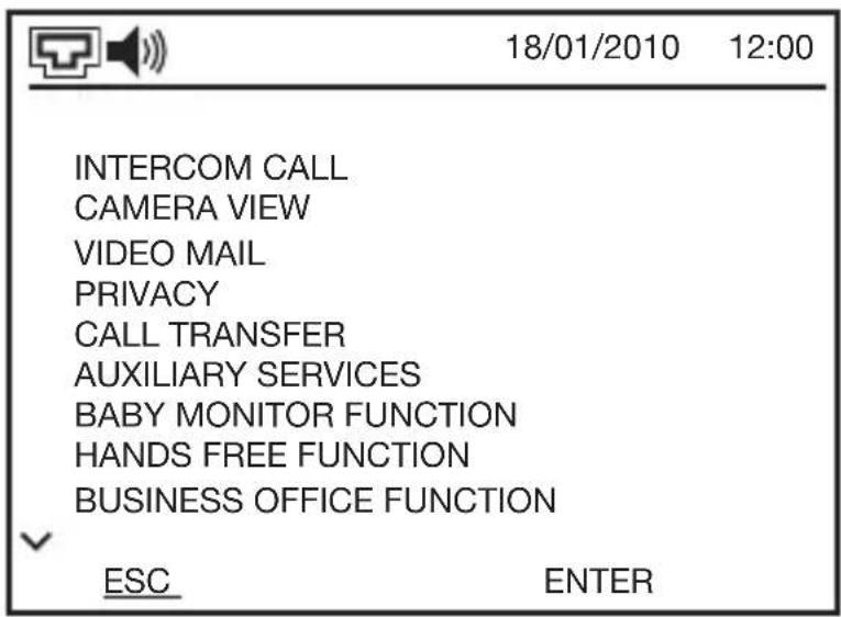 INTERCOM CALL CAMERA VIEW VIDEO MAIL PRIVACY CALL TRANSFER AUXILIARY SERVICES BABY MONITOR FUNCTION HANDS FREE FUNCTION BUSINESS OFFICE FUNCTION ESC ENTER