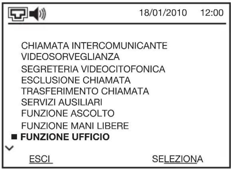18/01/2010 12:00 CHIAMATA INTERCOMUNICANTE VIDEOSORVEGLIANZA SEGRETERIA VIDEOCITOFONICA ESCLUSIONE CHIAMATA TRASFERIMENTO CHIAMATA SERVIZI AUSILIARI FUNZIONE ASCOLTO FUNZIONE MANI LIBERE ■ FUNZIONE UFFICIO ESCI SELEZIONA