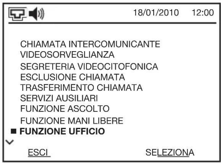 18/01/2010 12:00 CHIAMATA INTERCOMUNICANTE VIDEOSORVEGLIANZA SEGRETERIA VIDEOCITOFONICA ESCLUSIONE CHIAMATA TRASFERIMENTO CHIAMATA SERVIZI AUSILIARI FUNZIONE ASCOLTO FUNZIONE MANI LIBERE ■ FUNZIONE UFFICIO ESCI SELEZIONA