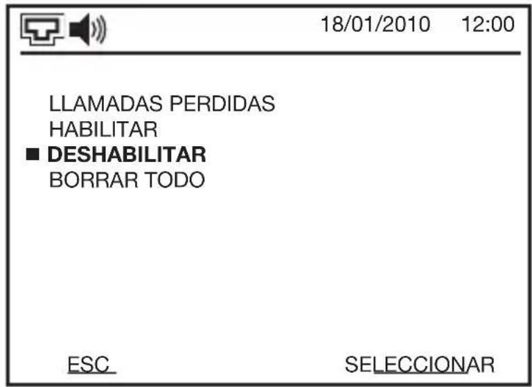 18/01/2010 12:00 LLAMADAS PERDIDAS HABILITAR ■ DESHABILITAR BORRAR TODO ESC SELECCIONAR