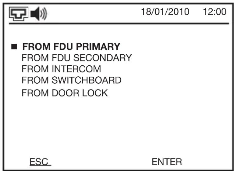 18/01/2010 12:00 ■ FROM FDU PRIMARY FROM FDU SECONDARY FROM INTERCOM FROM SWITCHBOARD FROM DOOR LOCK ESC ENTER