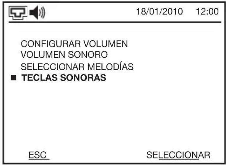18/01/2010 12:00 CONFIGURAR VOLUMEN VOLUMEN SONORO SELECCIONAR MELODÍAS ■ TECLAS SONORAS ESC SELECCIONAR
