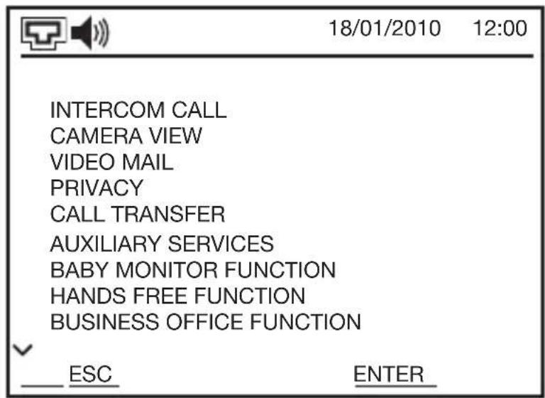 INTERCOM CALL CAMERA VIEW VIDEO MAIL PRIVACY CALL TRANSFER AUXILIARY SERVICES BABY MONITOR FUNCTION HANDS FREE FUNCTION BUSINESS OFFICE FUNCTION ESC ENTER