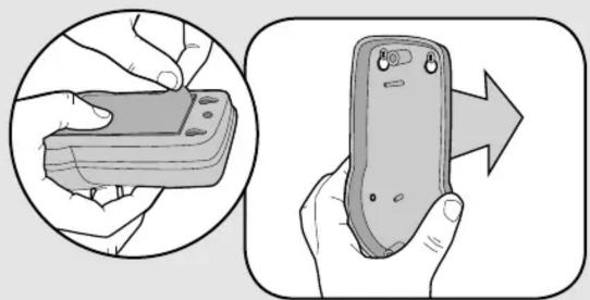 Illustration showing two hand gestures: one holding a small electronic device, the other with an arrow indicating rotation (no text or symbols present)