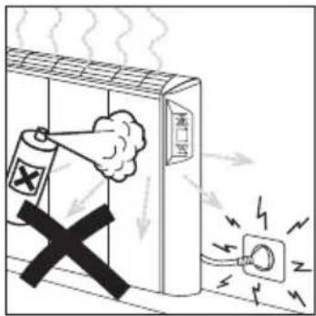 Safety warning illustration showing a spray bottle emitting smoke from a wall-mounted electrical outlet, with a cross symbol indicating no explosion.