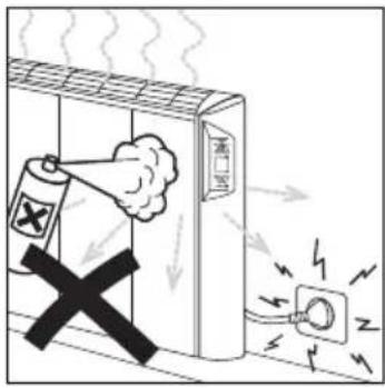 Safety warning illustration showing a fire extinguisher emitting smoke from a wall-mounted electrical outlet, with Chinese text indicating hazard and electrical hazard.