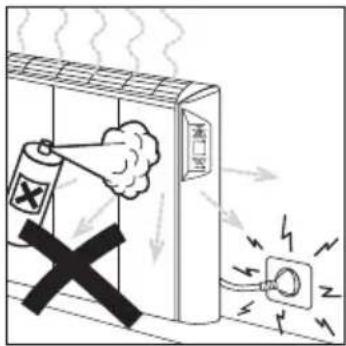Safety warning illustration showing a fire extinguisher emitting smoke next to an electrical outlet with power lines and labels