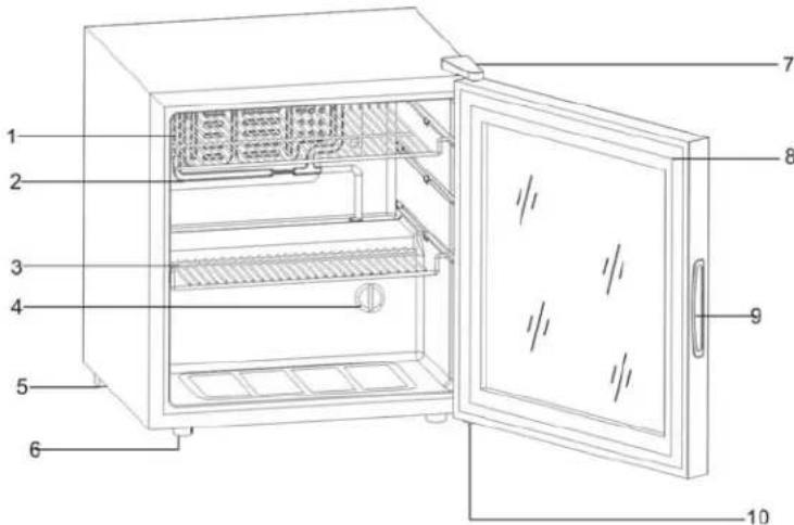 Labeled diagram of an open refrigerator with numbered parts for identification