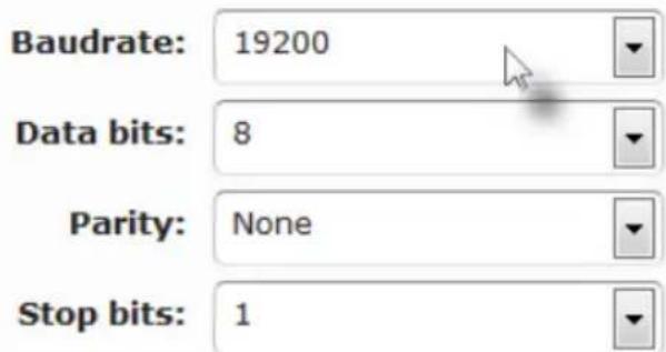Baudrate: 19200 Data bits: 8 Parity: None Stop bits: 1