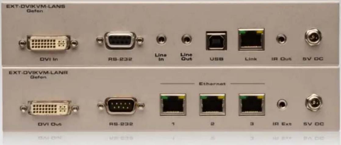 EXT-DVIKVM-LANS Gefen DVI In RS-232 Line In Line Out USB Link IR Out 5V DC EXT-DVIKVM-LANR Gefen DVI Out RS-232 Ethernet 1 2 3 IR Ext 5V DC