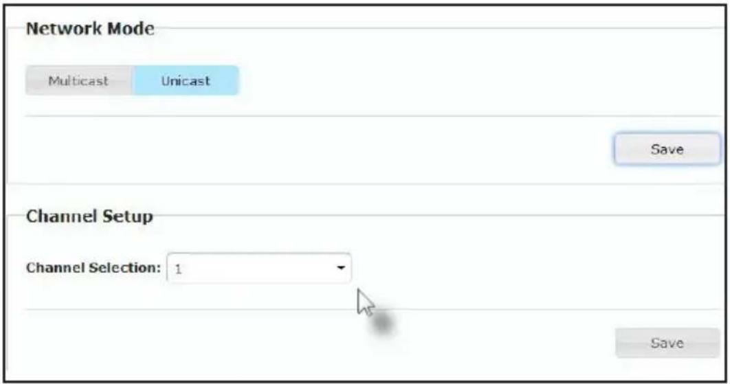 Network Mode Multicast Unicast Save Channel Setup Channel Selection: 1 Save