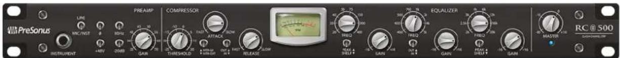 PreSonus LINE MIC/INST +8V -20dB INSTRUMENT PREAMP COMPRESSOR COMPRESSION THRESHOLD ATTACK BELOW FREQ 500 400 300 200 100 0 EQUALIZER 700 14 600 18 500 24 400 30 300 36 200 42 100 50 0 MASTB RC @ 500 DC@1999.56