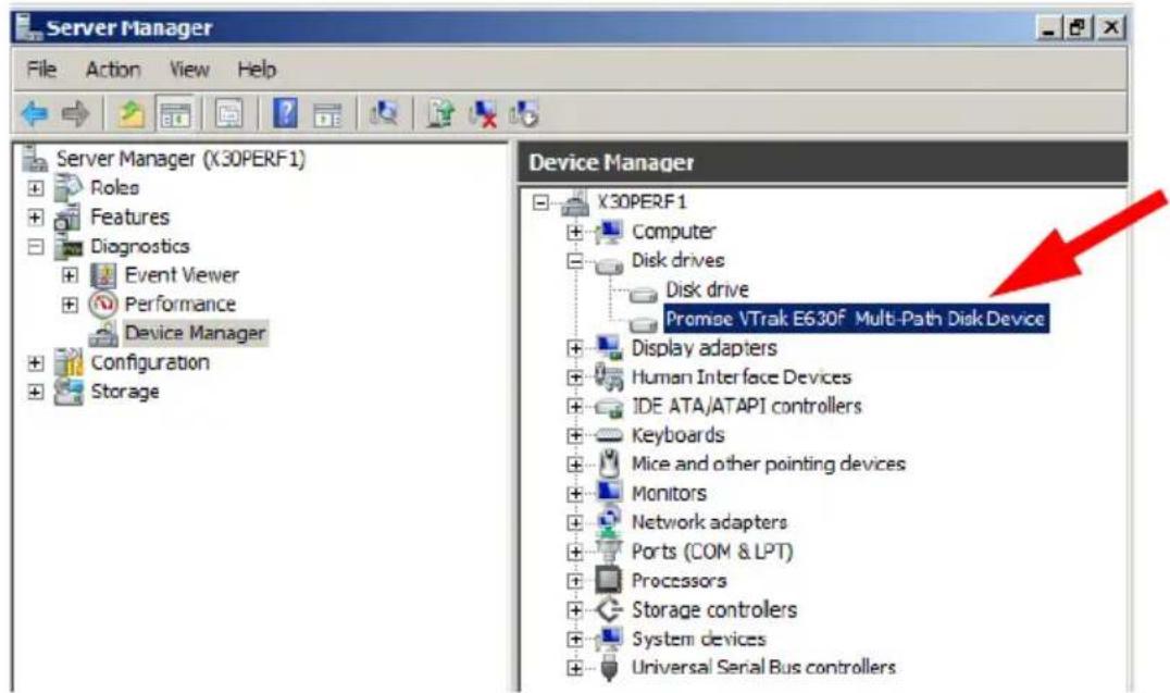 Server Manager File Action View Help Server Manager (X30PERF1) Roles Features Diagnostics Event Viewer Performance Device Manager Configuration Storage Device Manager X30PERF1 Computer Disk drives Disk drive Promise VTrak E630F Multi-Path Disk Device Display adapters Human Interface Devices IDE ATA/ATAPI controllers Keyboards Mice and other pointing devices Monitors Network adapters Ports (COM & LPT) Processors Storage controllers System devices Universal Serial Bus controllers
