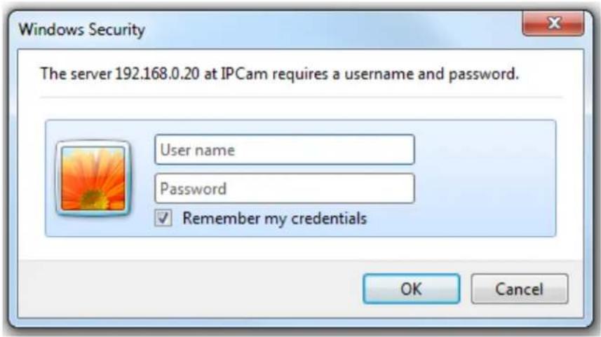 Windows Security The server 192.168.0.20 at IPCam requires a username and password. User name Password ✓ Remember my credentials OK Cancel