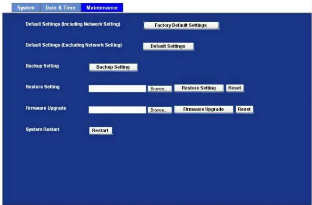 System Date & Time Maintenance Default Settings (Including Network Setting) Factory Default Settings Default Settings (Excluding Network Setting) Default Settings Backup Setting Backup Setting Restore Setting Browse... Restore Setting Reset Firmware Upgrade Browse... Firmware Upgrade Reset System Restart Restart