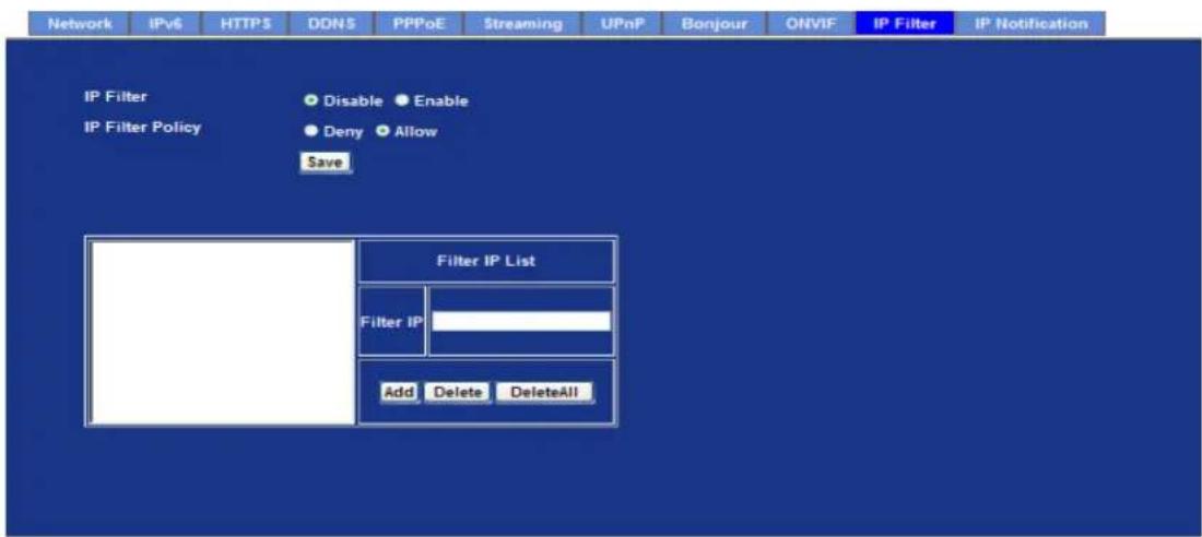 Network IPv6 HTTPS DDNS PPPoE Streaming UPnP Bonjour ONVIF IP Filter IP Notification IP Filter IP Filter Policy Disable Enable Deny Allow Save Filter IP List Filter IP Add Delete DeleteAll