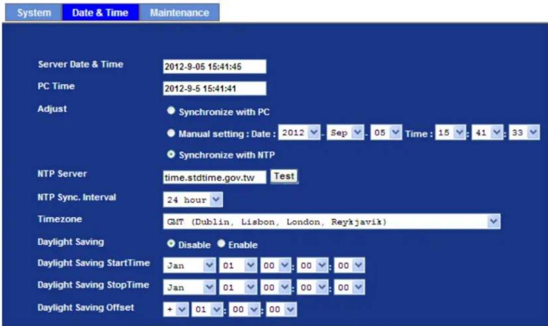 System Date & Time Maintenance Server Date & Time 2012-9-05 15:41:45 PC Time 2012-9-5 15:41:41 Adjust Synchronize with PC Manual setting : Date : 2012 Sep 05 Time : 15 : 41 : 33 Synchronize with NTP NTP Server time.stdtime.gov.tw Test NTP Sync. Interval 24 hour Timezone GMT (Dublin, Lisbon, London, Reykjavik) Daylight Saving Disable Enable Daylight Saving StartTime Jan 01 00 : 00 : 00 Daylight Saving StopTime Jan 01 00 : 00 : 00 Daylight Saving Offset + 01 : 00 : 00
