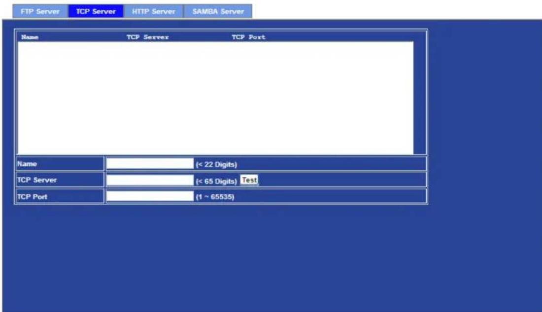 FTP Server TCP Server HTTP Server SAMBA Server Name TCP Server TCP Port Name (< 22 Digits) TCP Server (< 65 Digits) Test TCP Port (1 ~ 65535)