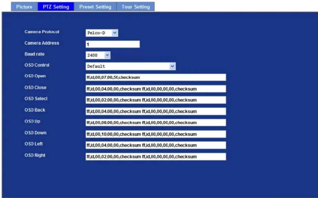 Picture PTZ Setting Preset Setting Tour Setting Camera Protocol Pelco-D Camera Address 1 Baud rate 2400 OSD Control Default OSD Open ff,id,00,07,00,5f,checksum OSD Close ff,id,00,04,00,00,checksum ff,id,00,00,00,00,checksum OSD Select ff,id,00,02,00,00,checksum ff,id,00,00,00,00,checksum OSD Back ff,id,00,04,00,00,checksum ff,id,00,00,00,00,checksum OSD Up ff,id,00,08,00,00,checksum ff,id,00,00,00,00,checksum OSD Down ff,id,00,10,00,00,checksum ff,id,00,00,00,00,checksum OSD Left ff,id,00,04,00,00,checksum ff,id,00,00,00,00,checksum OSD Right ff,id,00,02,00,00,checksum ff,id,00,00,00,00,checksum