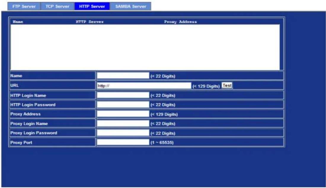 FTP Server TCP Server HTTP Server SAMBA Server Name HTTP Server Proxy Address Name (< 22 Digits) URL http:// (< 129 Digits) Test HTTP Login Name (< 22 Digits) HTTP Login Password (< 22 Digits) Proxy Address (< 129 Digits) Proxy Login Name (< 22 Digits) Proxy Login Password (< 22 Digits) Proxy Port (1 ~ 65535)
