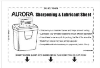 AURORA Sharpening & Lubricant Sheet • Extracts your studester trucker and helps prevent winding. • Lubricates your studester relates to ensure efficient operator. • Use at least snow a month to prolong the life of the studester. • Made from natural non-force grinding powder. • Compatible with all studierings into paper entry width (20cm) INSERT ENTIRE SHEET INTO SABBROOM IN THIS DIRECTION DO NOT OPEN