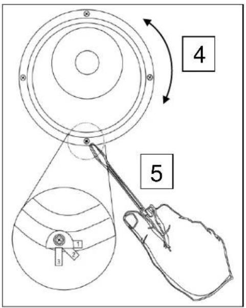 Technical diagram showing a hand operating a tool to lift a circular component, with numbered parts and directional arrows indicating motion.