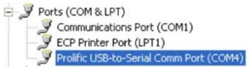 Ports (COM & LPT) Communications Port (COM1) ECP Printer Port (LPT1) Prolific USB-to-Serial Comm Port (COM4)