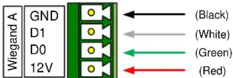 Wiegand A GND D1 D0 12V (Black) (White) (Green) (Red)