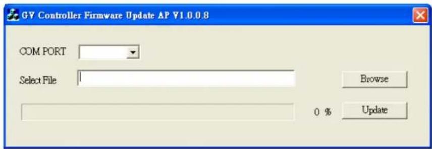 GV Controller Firmware Update AP V1.0.0.8 COM PORT Select File Browse 0 % Update