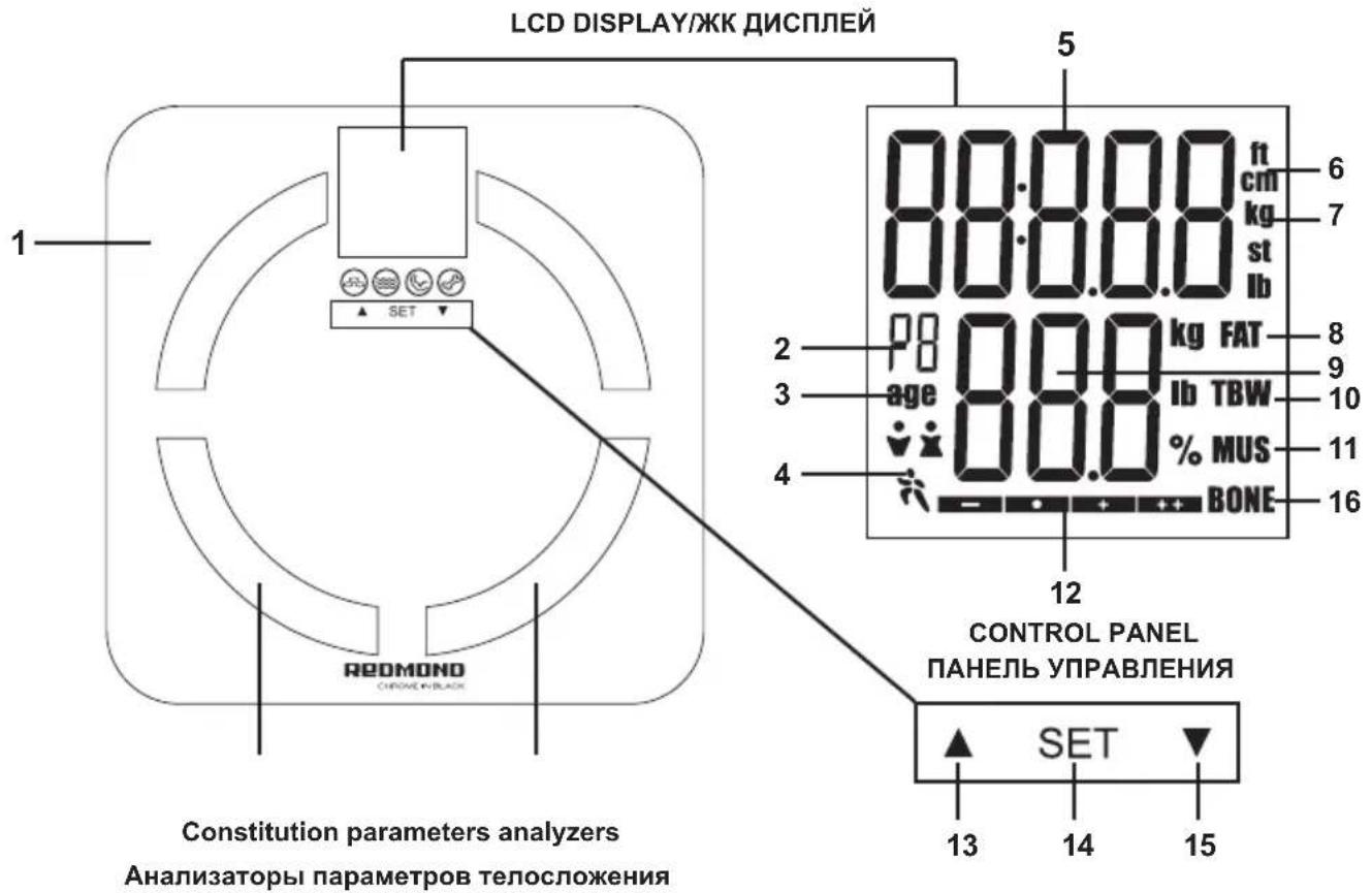 LCD DISPLAY/JKK ДИСПЛЕЙ 1 SET REDMOND CHROME+BLACK Constitution parameters analyzers Анализаторы параметров телосложения 5 88.00.0 ft cm 6 88.00.0 kg st 7 lb 2 age 88.00 kg FAT 8 3 lb TBW 9 4 % MUS 10 11 BONE 12 CONTROL PANEL ПАНЕЛЬ УПРАВЛЕНИЯ 13 14 15 SET